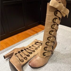 Chocolat Blu Tan Heeled Boots with Bow Detail